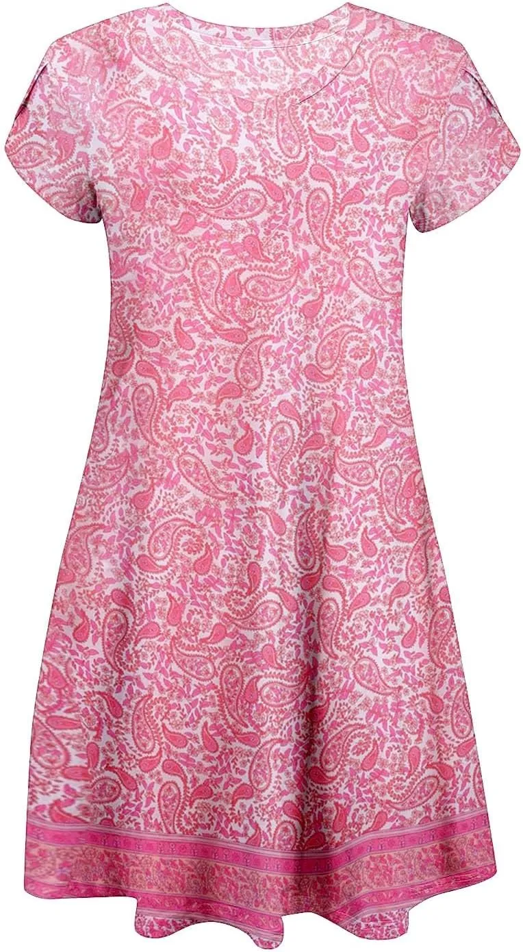 Women's Summer Casual Short Sleeve V Neck Dress 2025 Floral Graphic Dresses Boho Beach Cute Sundress with Pockets