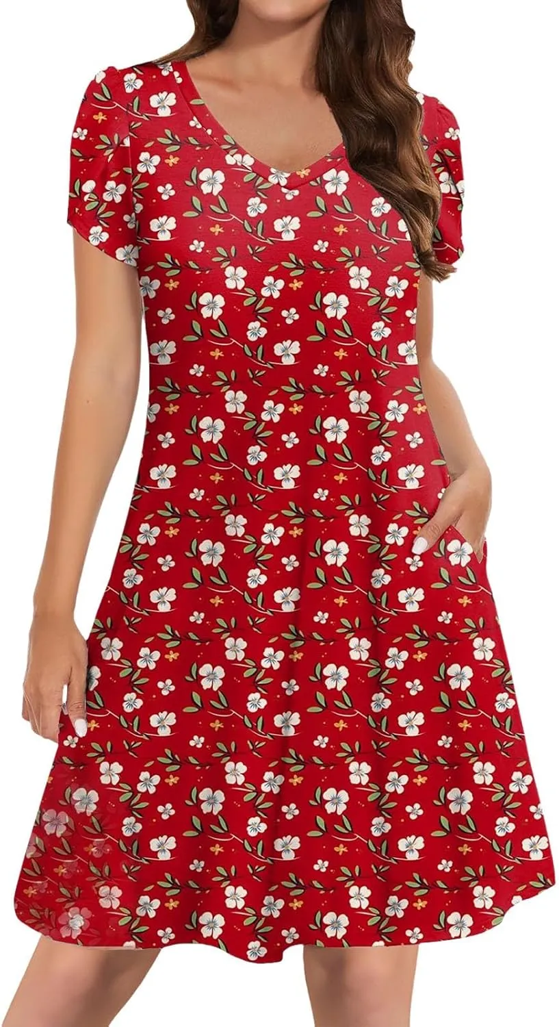 Women's Summer Casual Short Sleeve V Neck Dress 2025 Floral Graphic Dresses Boho Beach Cute Sundress with Pockets