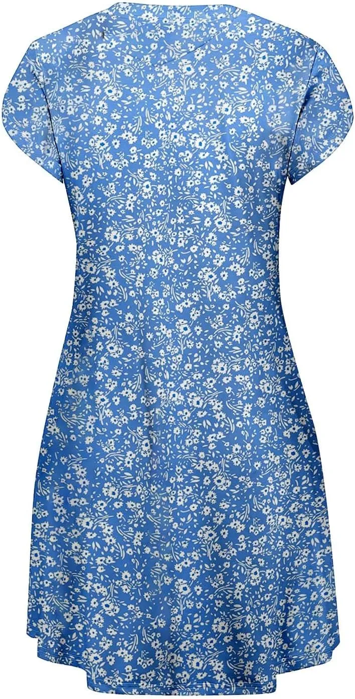 Women's Summer Casual Short Sleeve V Neck Dress 2025 Floral Graphic Dresses Boho Beach Cute Sundress with Pockets