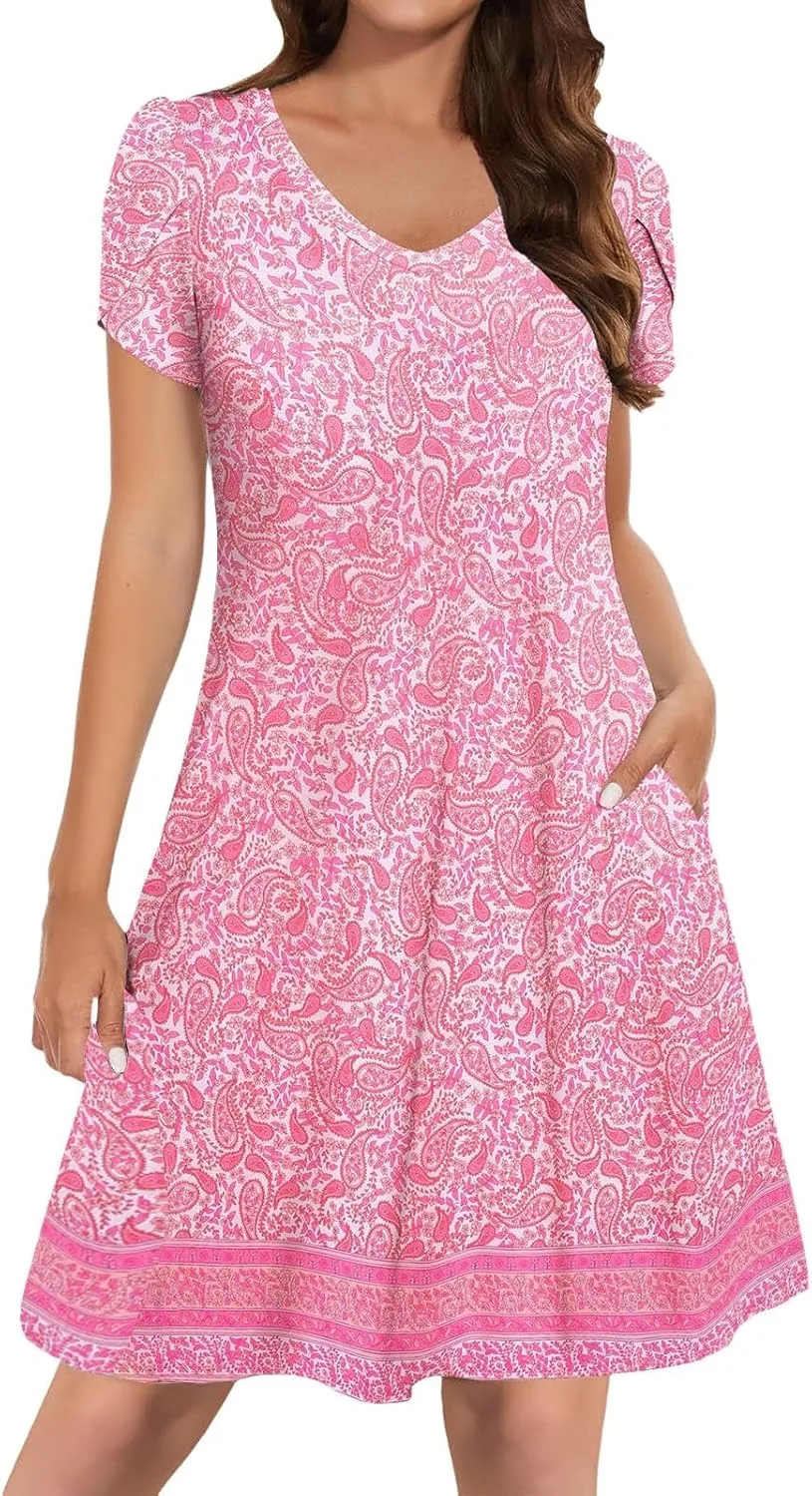 Women's Summer Casual Short Sleeve V Neck Dress 2025 Floral Graphic Dresses Boho Beach Cute Sundress with Pockets