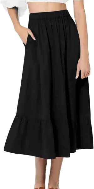 Women's Summer Casual Skirts Elastic High Waist A Line Skirt Flowy Layered Long Skirts Pencil Skirt Travel Outfit