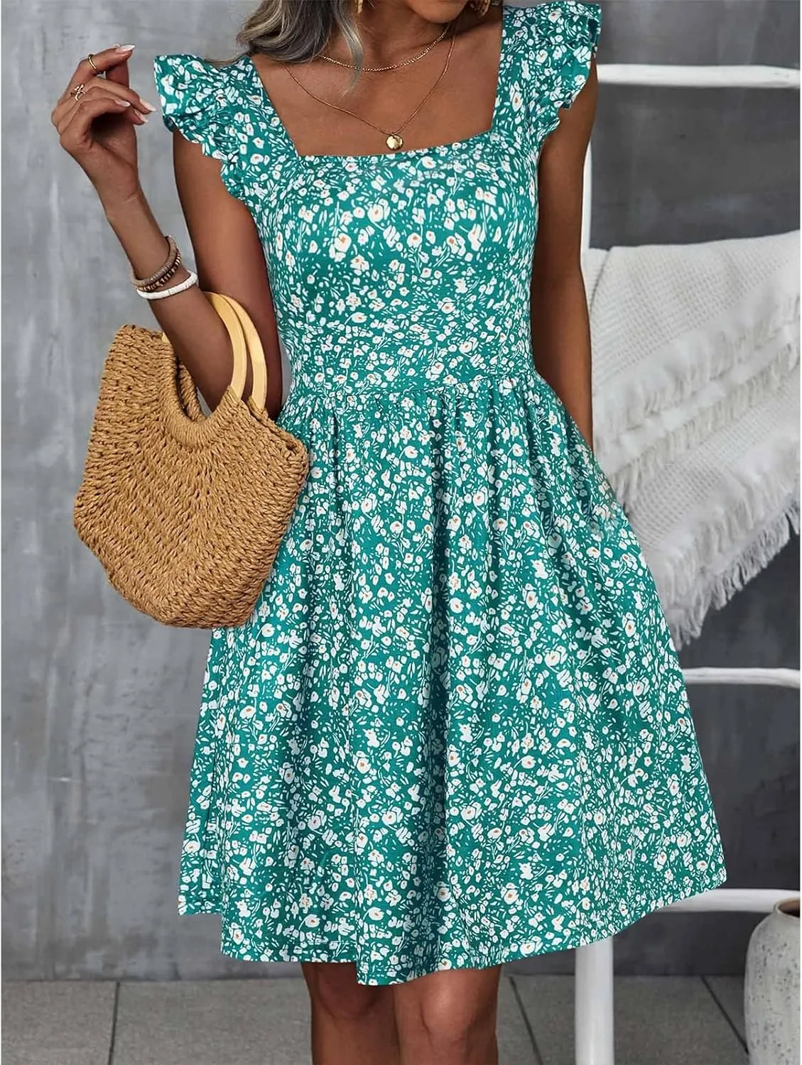 Womens Summer Casual Sleeveless Dress Floral Smocked Ruffle Square Neck Midi Dresses Flowy Boho Cute Beach Sundress