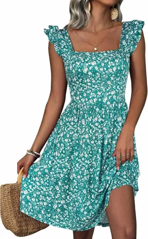 Womens Summer Casual Sleeveless Dress Floral Smocked Ruffle Square Neck Midi Dresses Flowy Boho Cute Beach Sundress