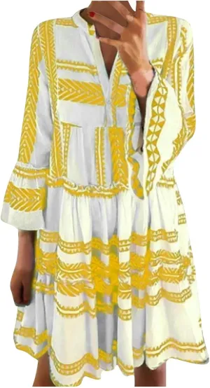 Womens Summer Casual V-Neck 3/4 Sleeve Sundress Boho Print Hawaiian Beach Dress Flowy Swing Vacation Mini Dress