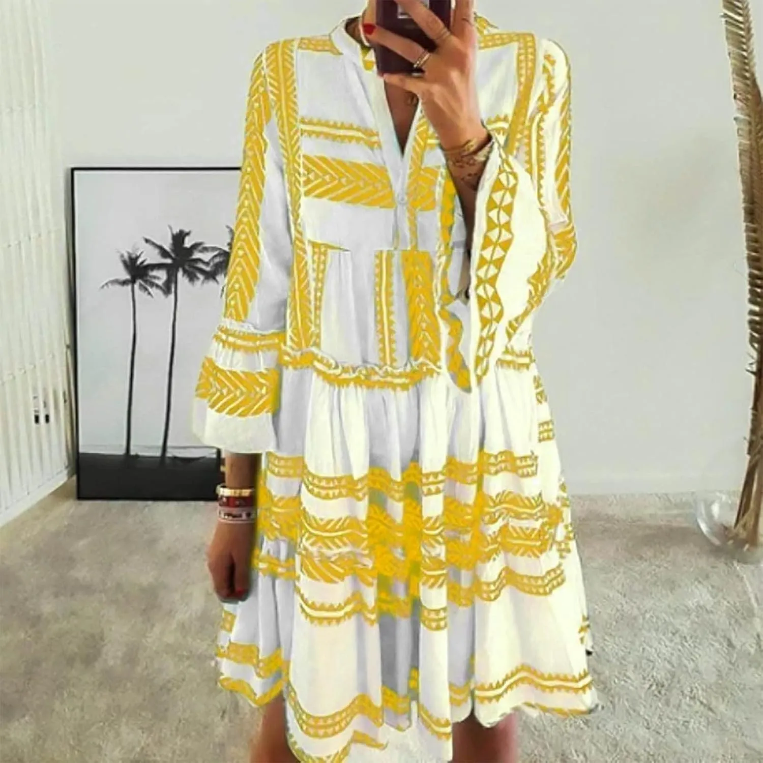 Womens Summer Casual V-Neck 3/4 Sleeve Sundress Boho Print Hawaiian Beach Dress Flowy Swing Vacation Mini Dress