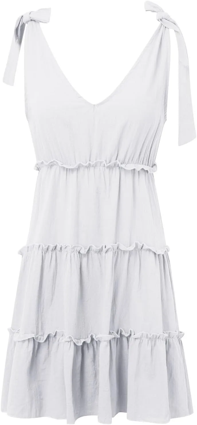 Womens Summer Casual V Neck Sleeveless Mini Dress Tie Shoulder Tiered Ruffle Swing A Line 2025 Trendy Short Sundresses