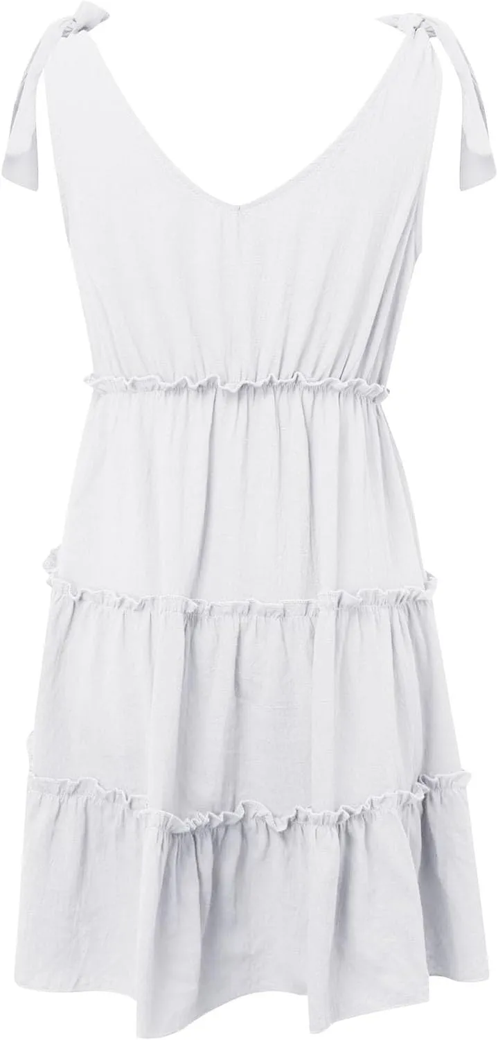 Womens Summer Casual V Neck Sleeveless Mini Dress Tie Shoulder Tiered Ruffle Swing A Line 2025 Trendy Short Sundresses