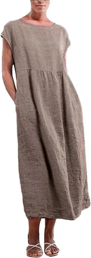 Women's Summer Cotton Linen Shirt Dress Short Sleeve Flowy Long Maxi Dresses Plus Size Vocation Party Dress