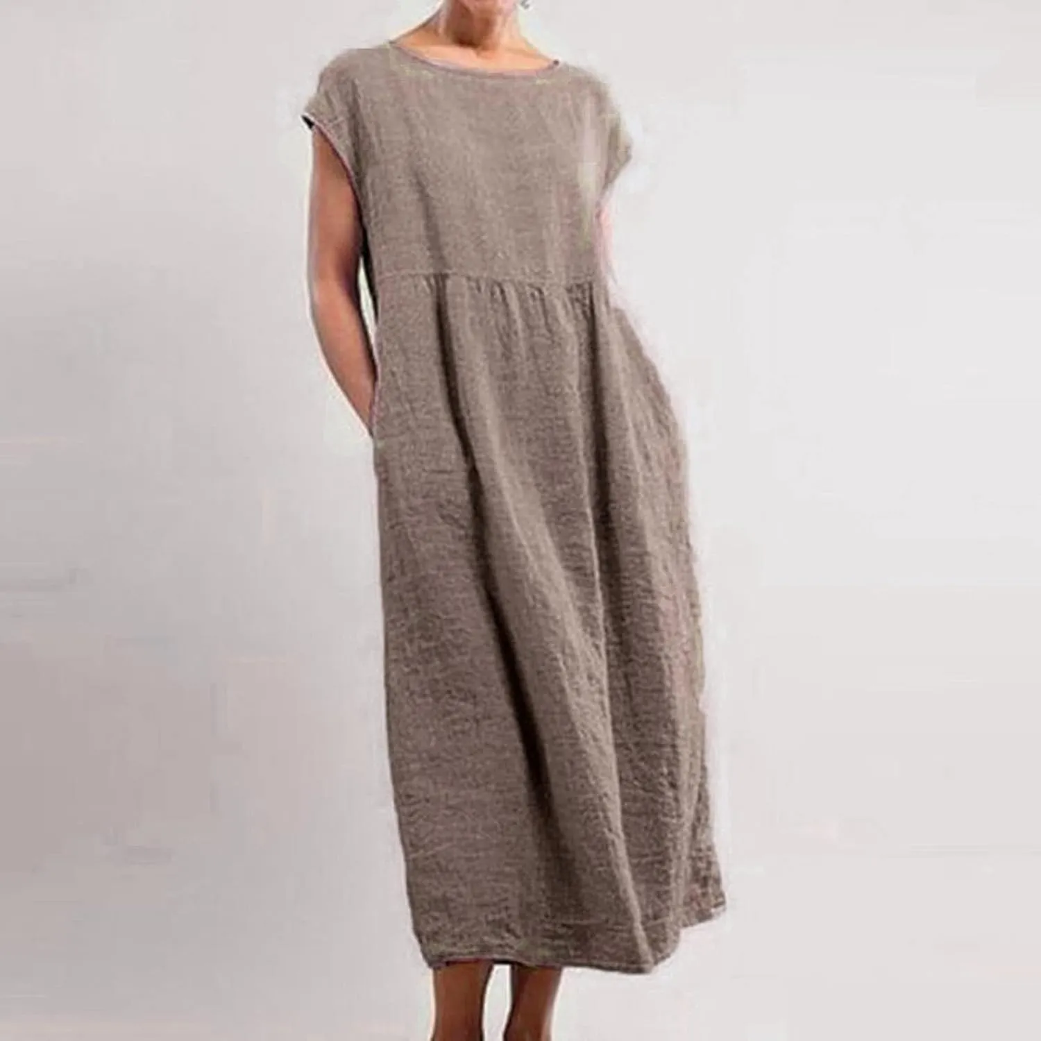 Women's Summer Cotton Linen Shirt Dress Short Sleeve Flowy Long Maxi Dresses Plus Size Vocation Party Dress