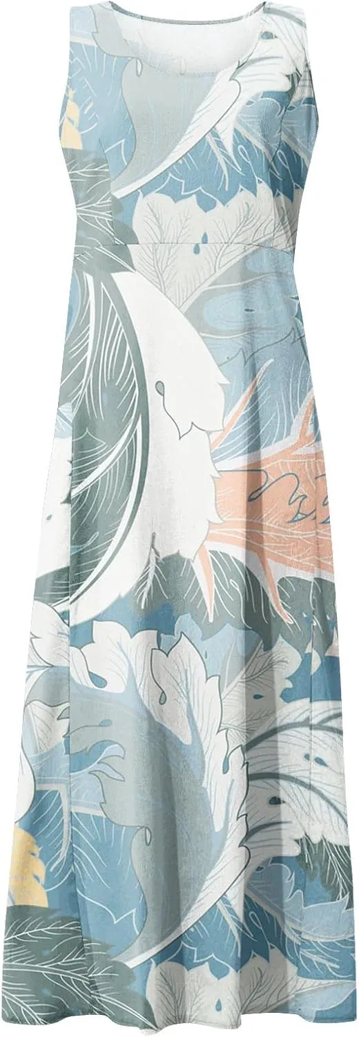 Womens Summer Dresses 2024 Casual Floral Print Boho Beach Sundress O Neck Sleeveless Loose Maxi Dress with Pockets