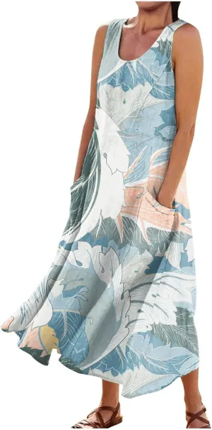 Womens Summer Dresses 2024 Casual Floral Print Boho Beach Sundress O Neck Sleeveless Loose Maxi Dress with Pockets