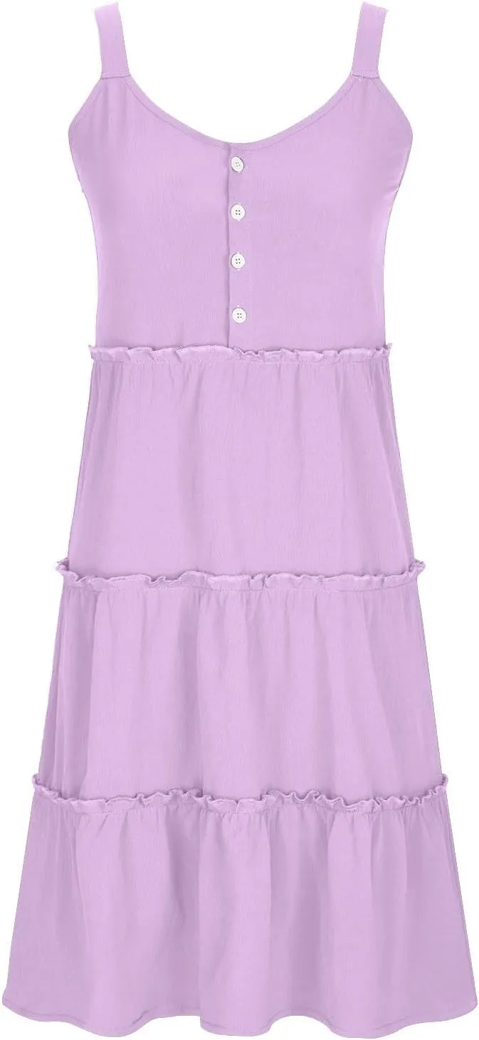 Womens Summer Dresses 2024 Sleeveless Spaghetti Strap Button Crew Neck Beach Sundress Ruffle Tiered Casual Swing Mini Dress