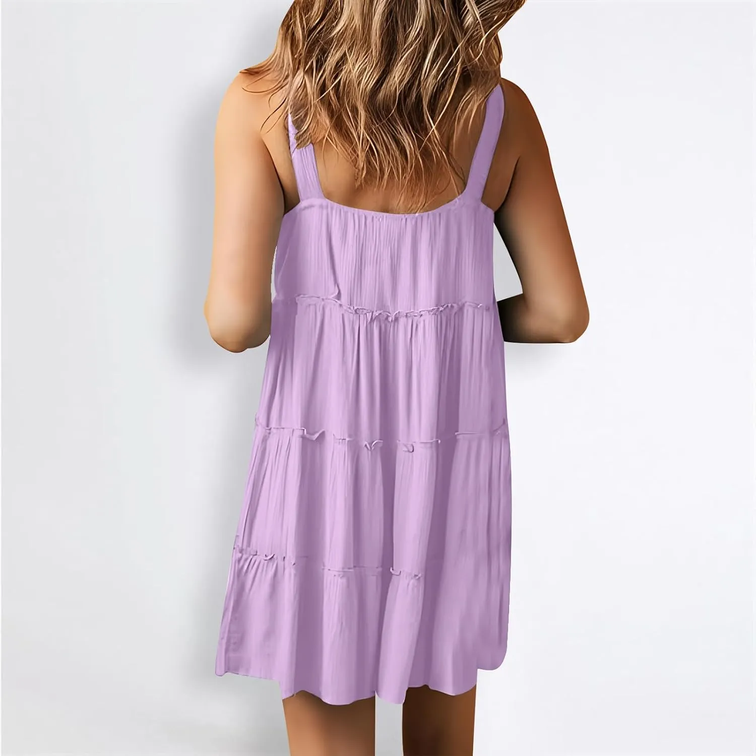 Womens Summer Dresses 2024 Sleeveless Spaghetti Strap Button Crew Neck Beach Sundress Ruffle Tiered Casual Swing Mini Dress
