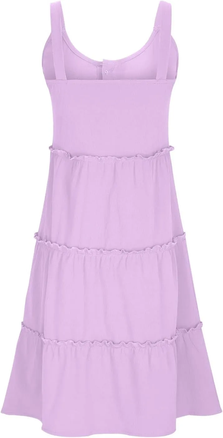 Womens Summer Dresses 2024 Sleeveless Spaghetti Strap Button Crew Neck Beach Sundress Ruffle Tiered Casual Swing Mini Dress