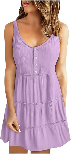 Womens Summer Dresses 2024 Sleeveless Spaghetti Strap Button Crew Neck Beach Sundress Ruffle Tiered Casual Swing Mini Dress