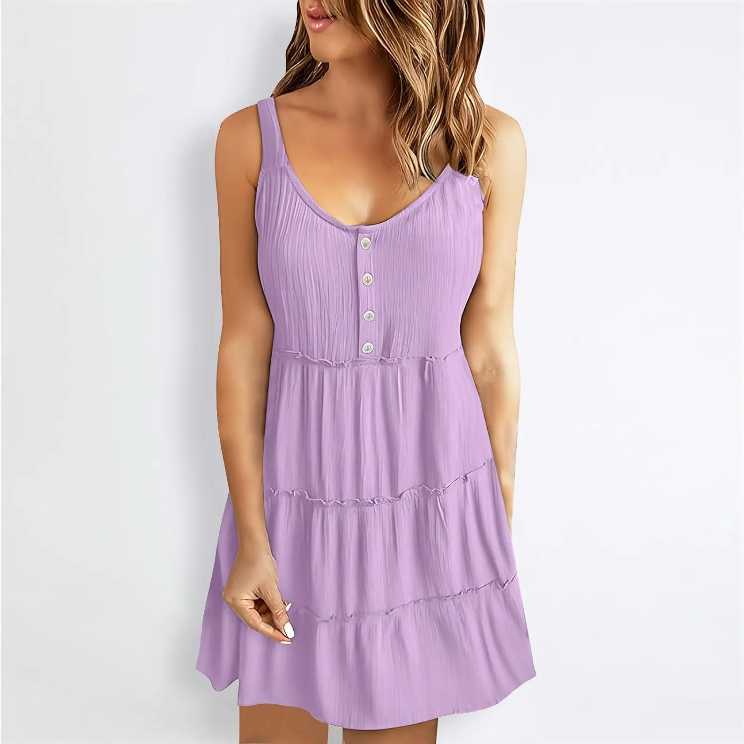 Womens Summer Dresses 2024 Sleeveless Spaghetti Strap Button Crew Neck Beach Sundress Ruffle Tiered Casual Swing Mini Dress