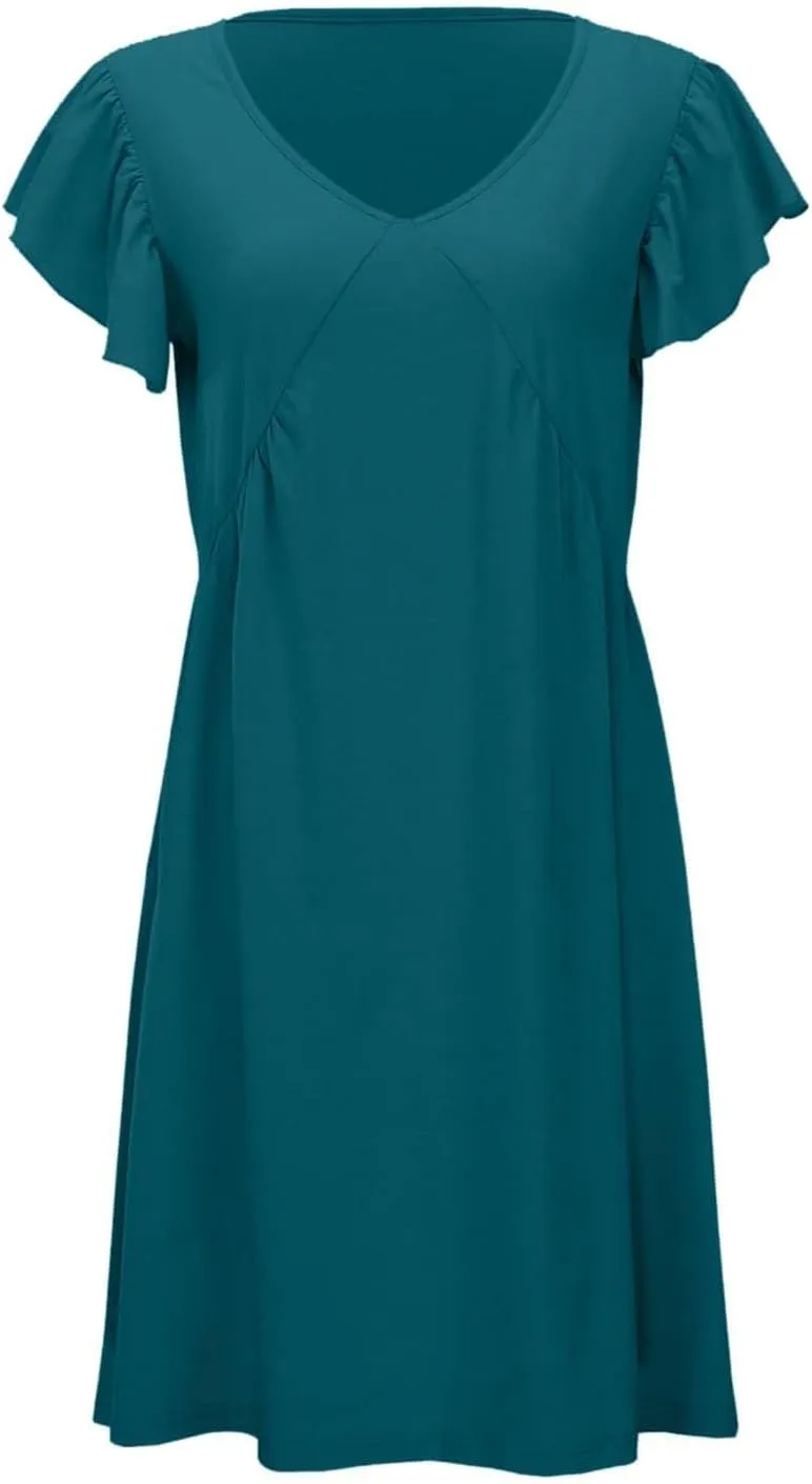 Women's Summer Dresses 2025 Beach Casual Deep V Neck Loose Sundress Ruffle Sleeve Mini Dress