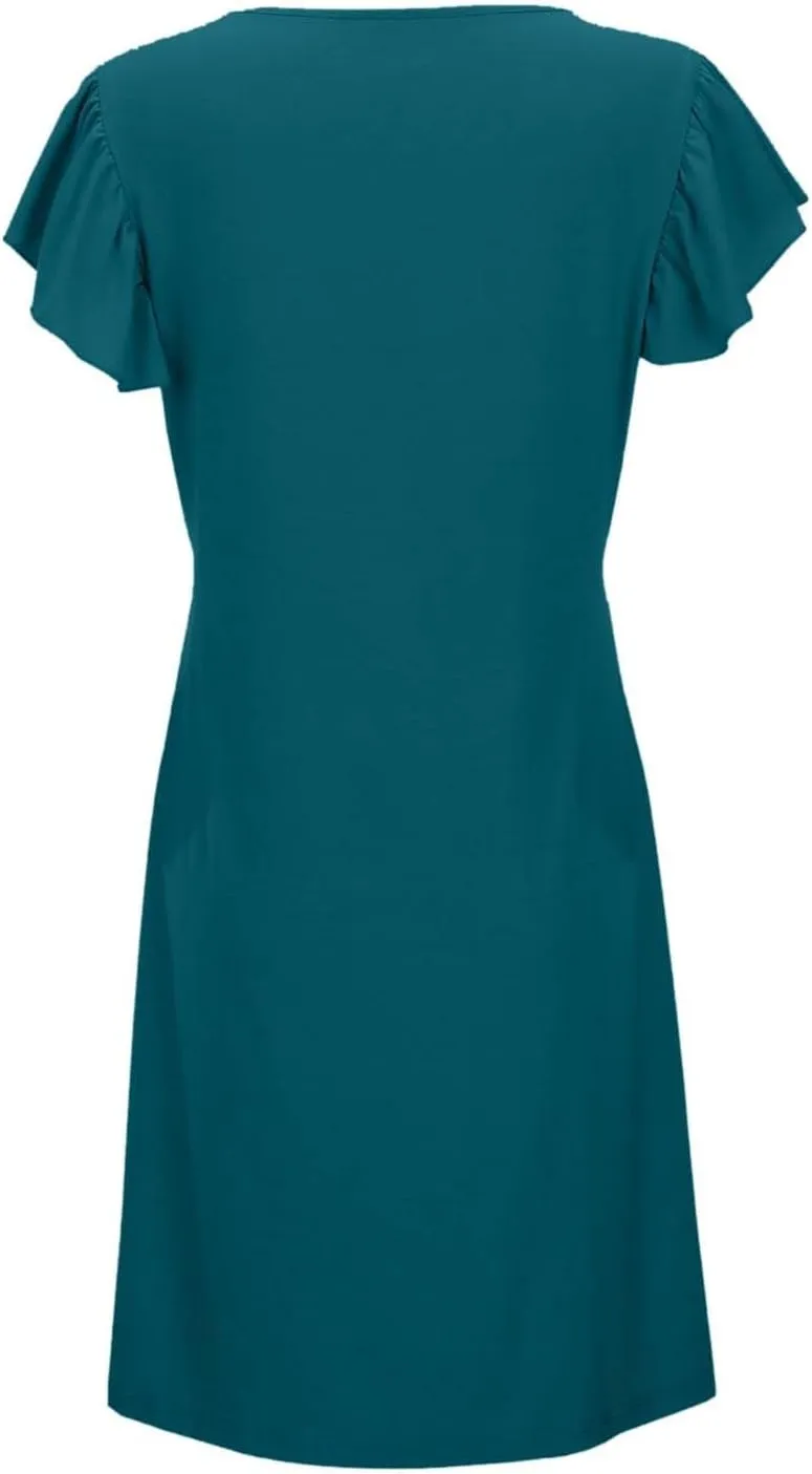 Women's Summer Dresses 2025 Beach Casual Deep V Neck Loose Sundress Ruffle Sleeve Mini Dress