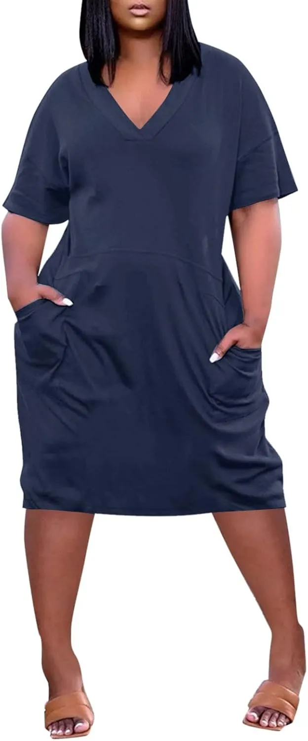 Women's Summer Dresses 2025 Plus Size V Neck Short Sleeve Knee Length Soild Color Tshirt Dresses Midi, L-5XL