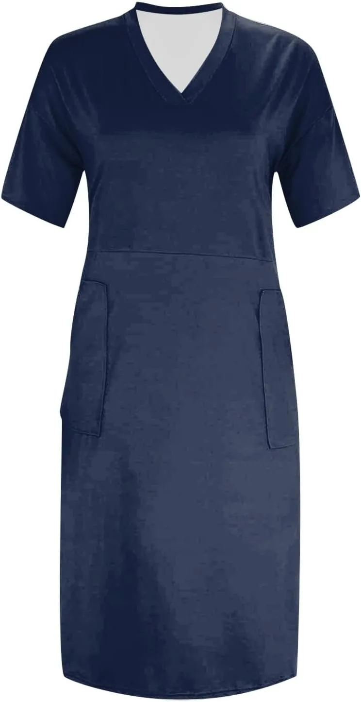 Women's Summer Dresses 2025 Plus Size V Neck Short Sleeve Knee Length Soild Color Tshirt Dresses Midi, L-5XL