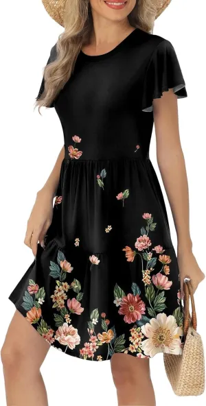 Women's Summer Dresses 2025 Puff Short Sleeve Dress Vintage Floral Boho Flowy Midi Beach Party Short Sundress, S-2XL
