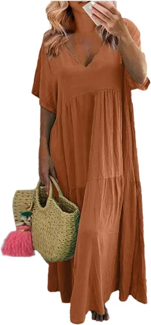 Womens Summer Dresses 2025 Short Sleeve V-Neck Long Cotton Linen Dress Beach Vacation Baggy Casual Loose Sundress