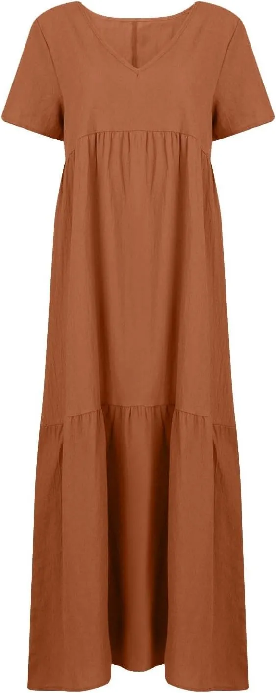 Womens Summer Dresses 2025 Short Sleeve V-Neck Long Cotton Linen Dress Beach Vacation Baggy Casual Loose Sundress