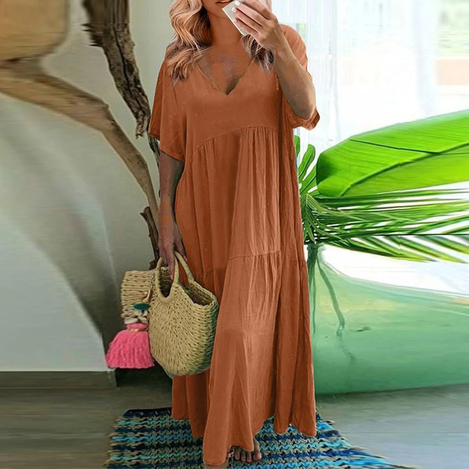 Womens Summer Dresses 2025 Short Sleeve V-Neck Long Cotton Linen Dress Beach Vacation Baggy Casual Loose Sundress
