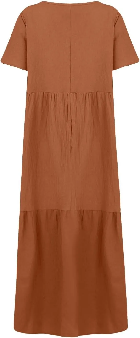 Womens Summer Dresses 2025 Short Sleeve V-Neck Long Cotton Linen Dress Beach Vacation Baggy Casual Loose Sundress