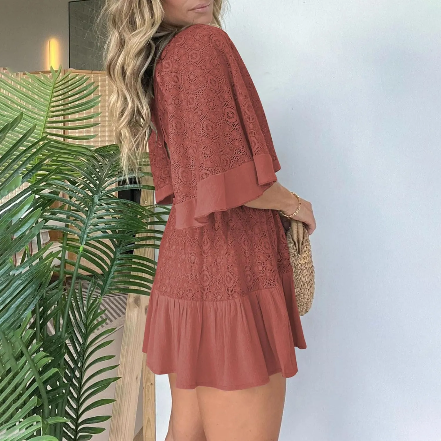 Womens Summer Dresses 2025 Vintage Short Sleeve V Neck Wrap Mini Dress Casual Ruffled Hem A-Line Flowy Beach Dress