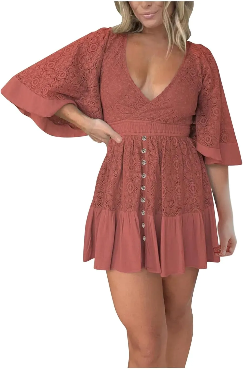 Womens Summer Dresses 2025 Vintage Short Sleeve V Neck Wrap Mini Dress Casual Ruffled Hem A-Line Flowy Beach Dress