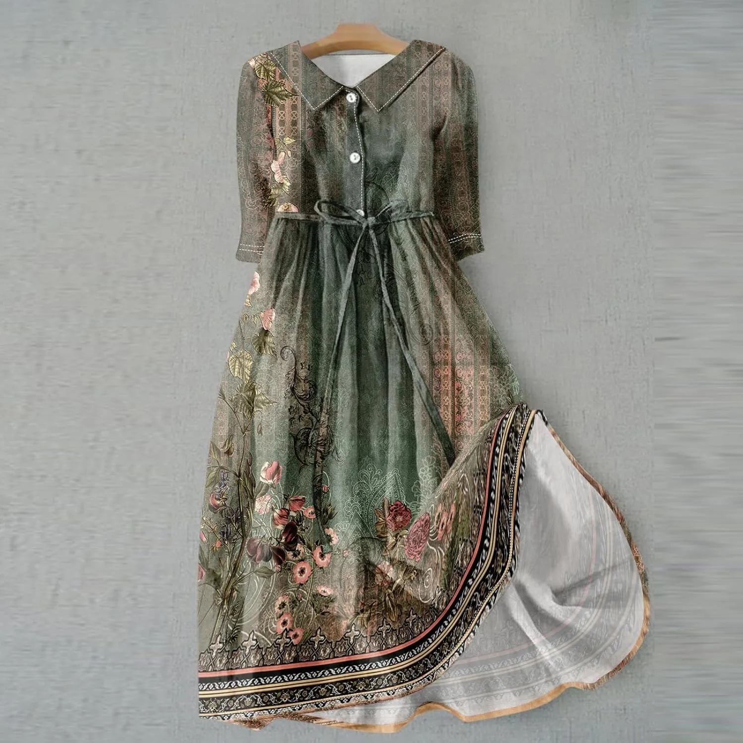 Womens Summer Dresses 3/4 Sleeve Lapel Neck Button Cute A Line Lace-Up Dress Boho Floral Vacation Beach Maxi Dress