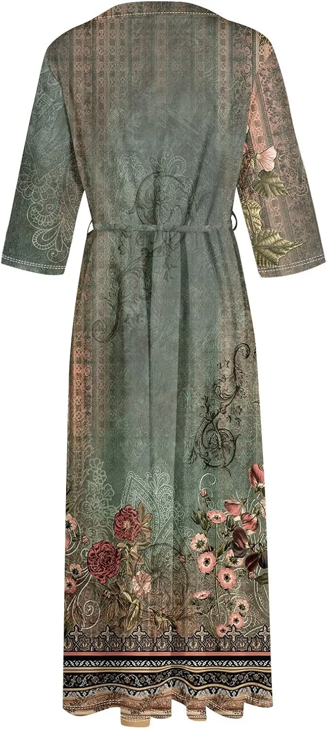Womens Summer Dresses 3/4 Sleeve Lapel Neck Button Cute A Line Lace-Up Dress Boho Floral Vacation Beach Maxi Dress