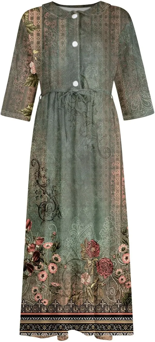Womens Summer Dresses 3/4 Sleeve Lapel Neck Button Cute A Line Lace-Up Dress Boho Floral Vacation Beach Maxi Dress