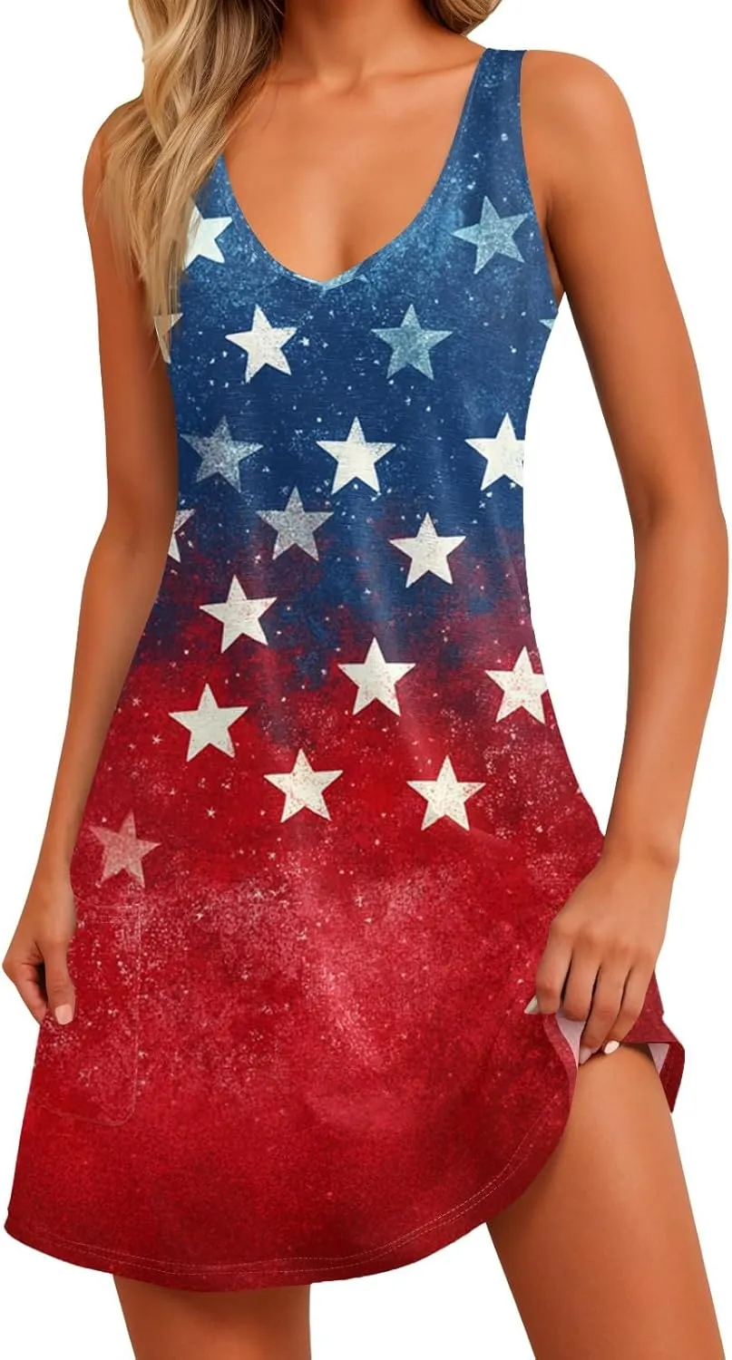 Women's Summer Dresses 4Th July Dresses V Neck Sleeveless Tank Sundresses with Pockets Floral Mini Dress, S-2XL