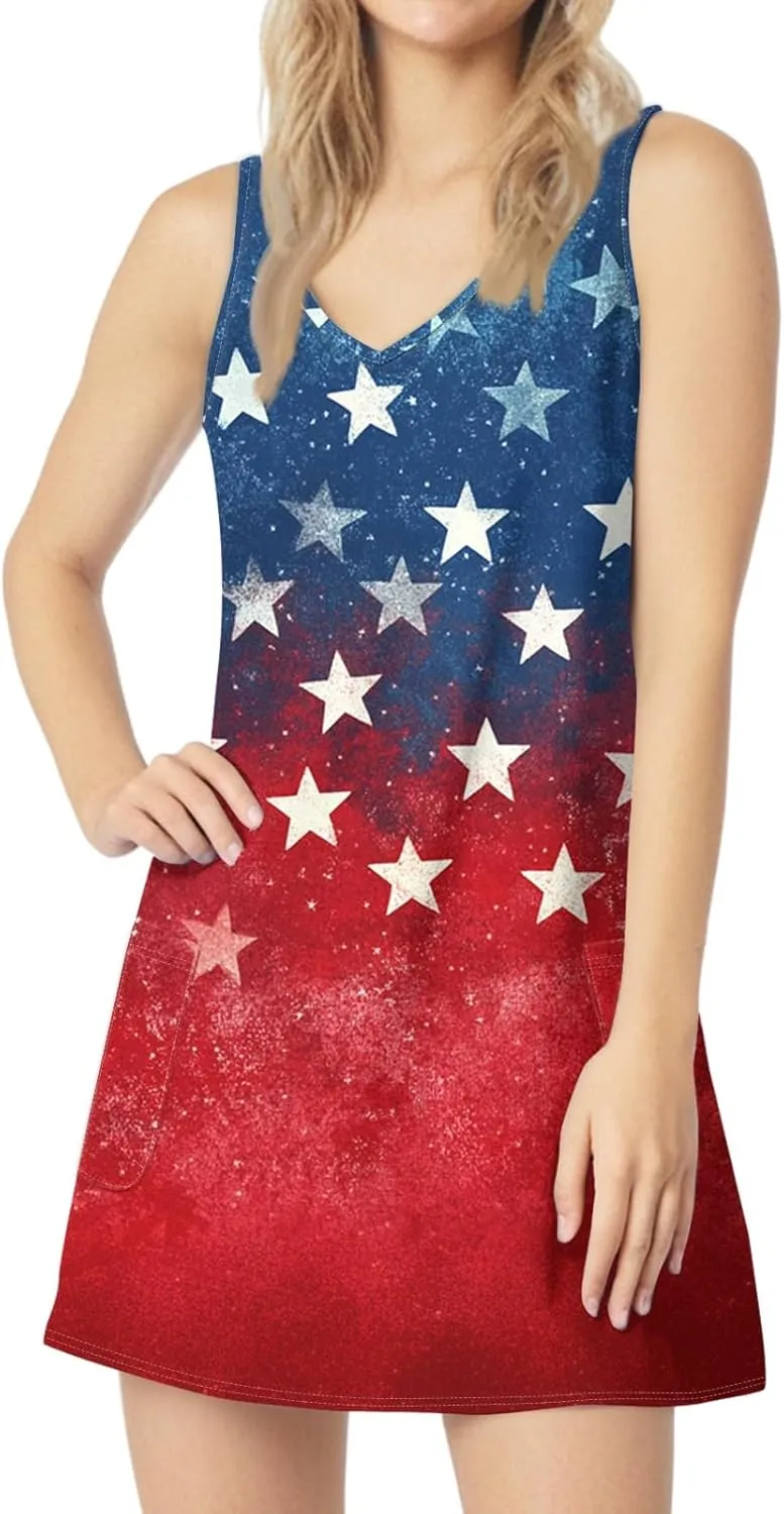 Women's Summer Dresses 4Th July Dresses V Neck Sleeveless Tank Sundresses with Pockets Floral Mini Dress, S-2XL