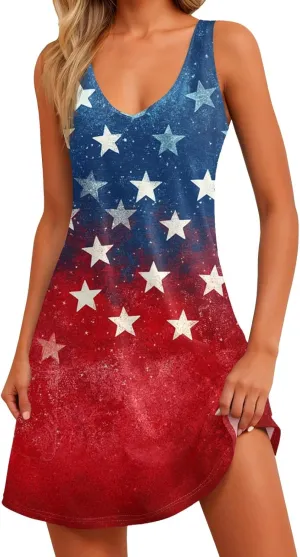 Women's Summer Dresses 4Th July Dresses V Neck Sleeveless Tank Sundresses with Pockets Floral Mini Dress, S-2XL
