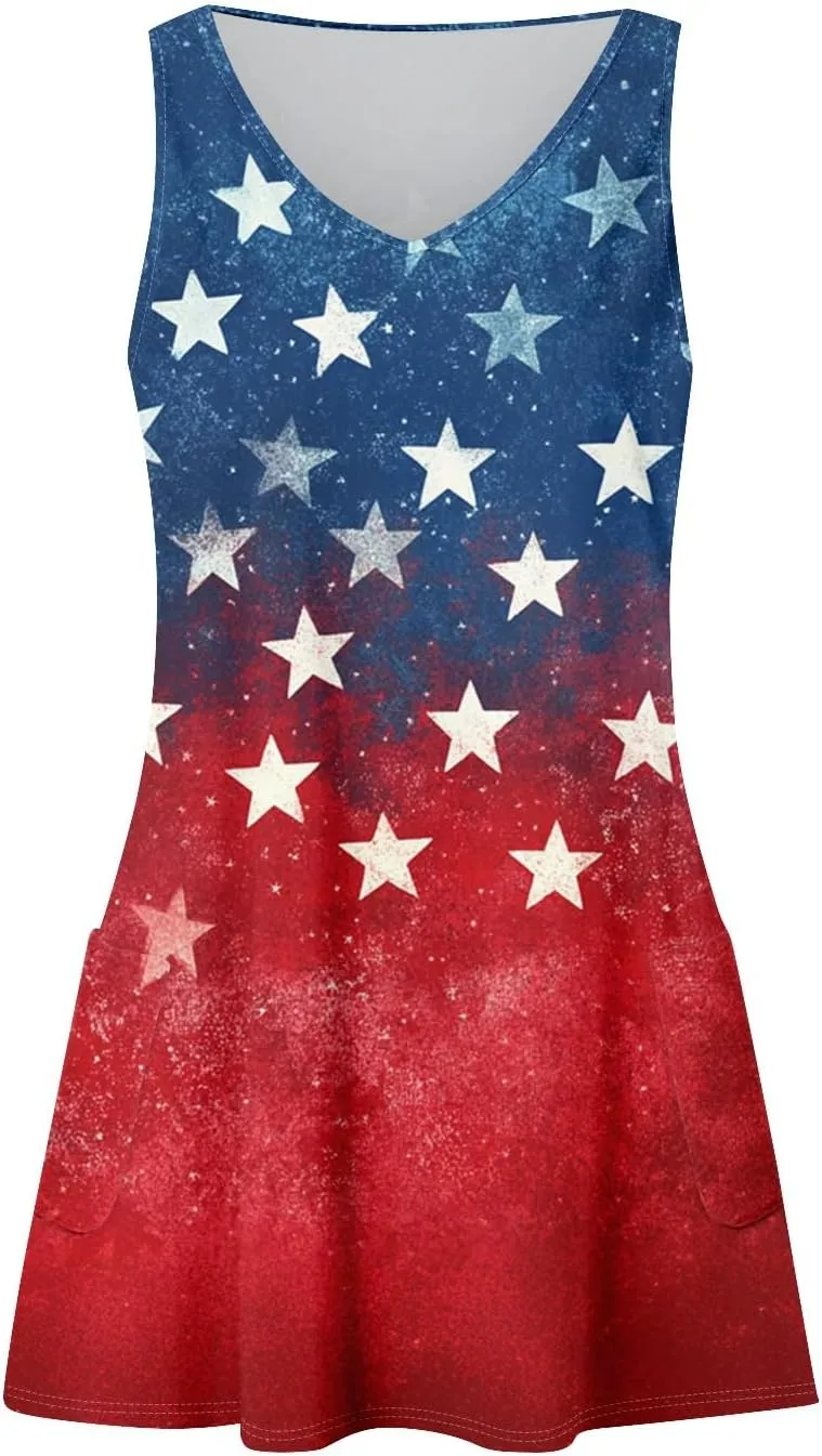 Women's Summer Dresses 4Th July Dresses V Neck Sleeveless Tank Sundresses with Pockets Floral Mini Dress, S-2XL