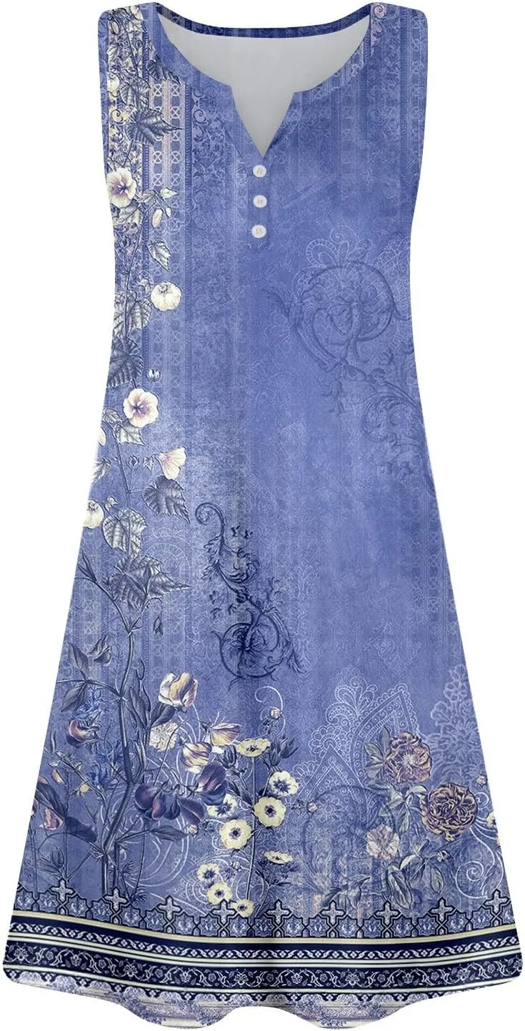 Womens Summer Dresses Casual Floral V Neck Sundresses for Women Beach Plus Size Tank Dress with Pockets