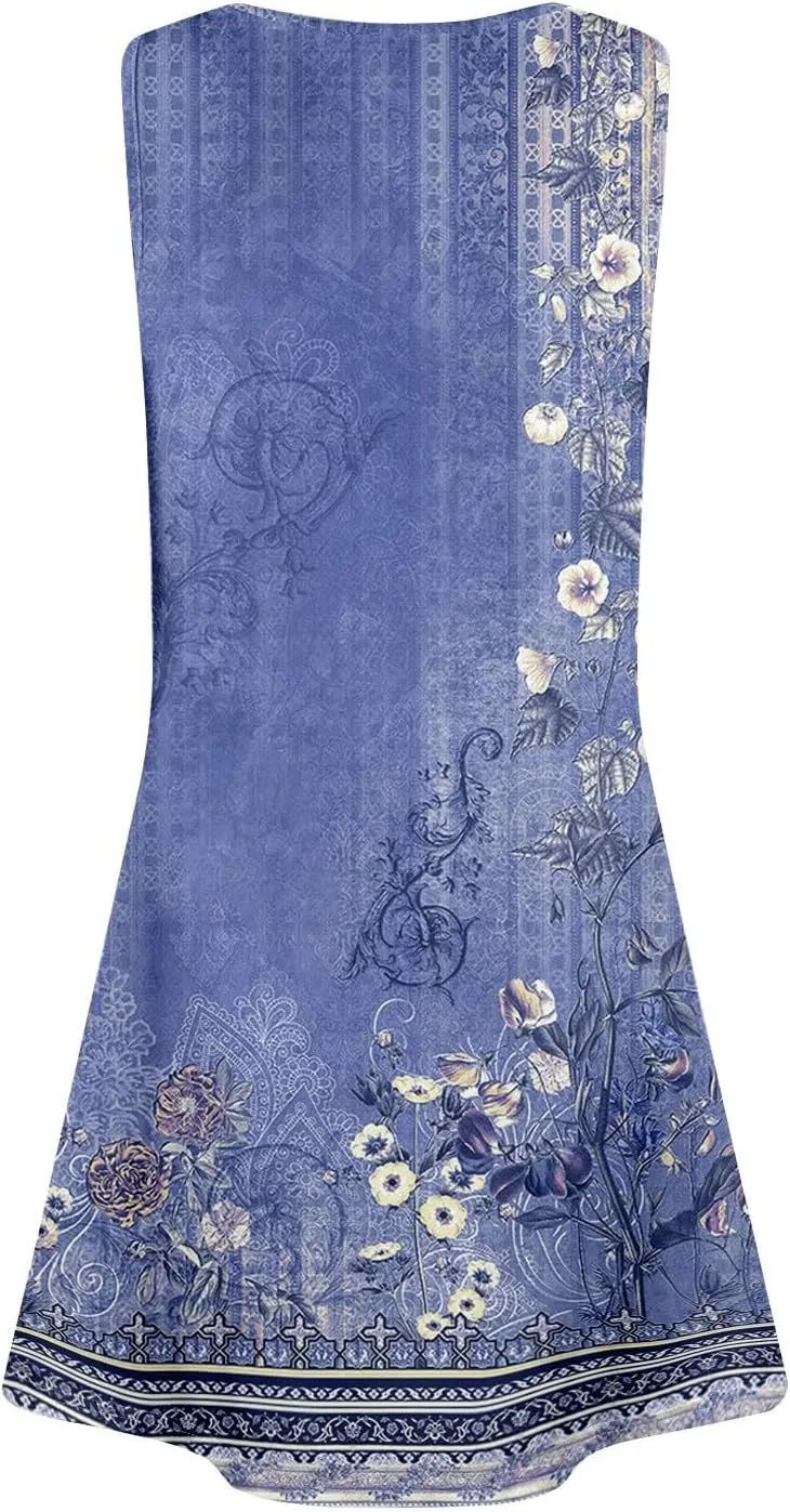 Womens Summer Dresses Casual Floral V Neck Sundresses for Women Beach Plus Size Tank Dress with Pockets