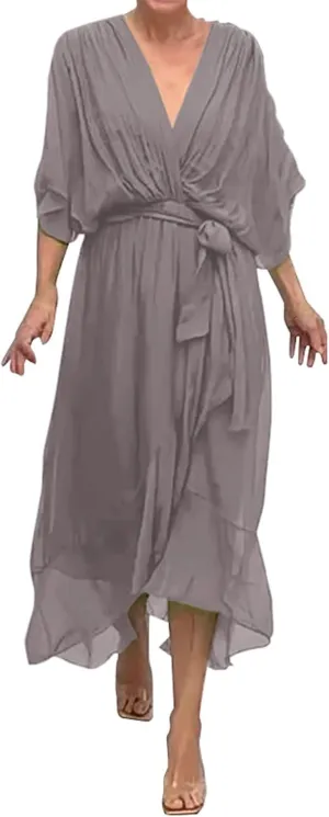 Women's Summer Dresses Casual Long Lantern Sleeve V Neck Ruffle High Waist Tie Waist Plus Size Dress for Women Casual