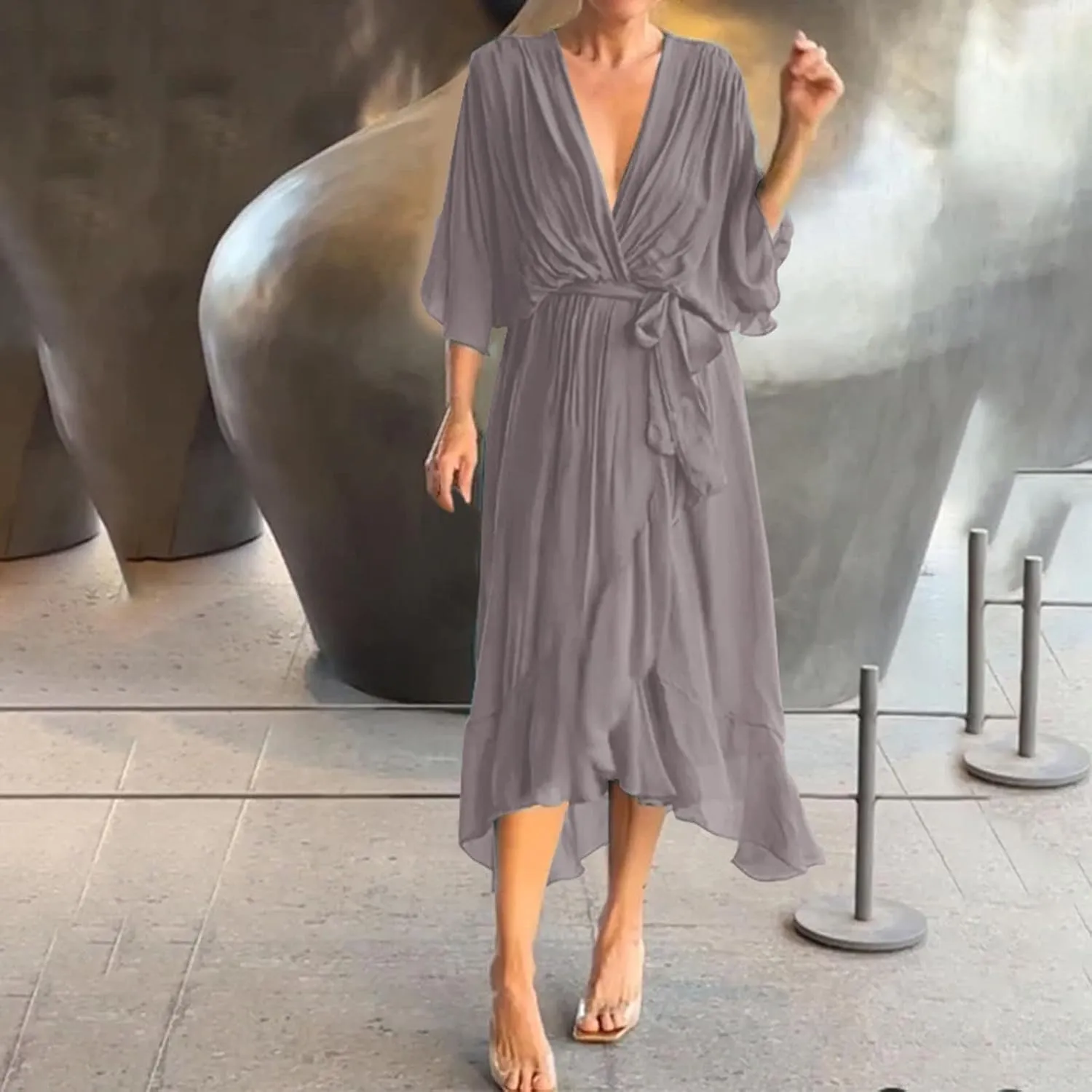 Women's Summer Dresses Casual Long Lantern Sleeve V Neck Ruffle High Waist Tie Waist Plus Size Dress for Women Casual