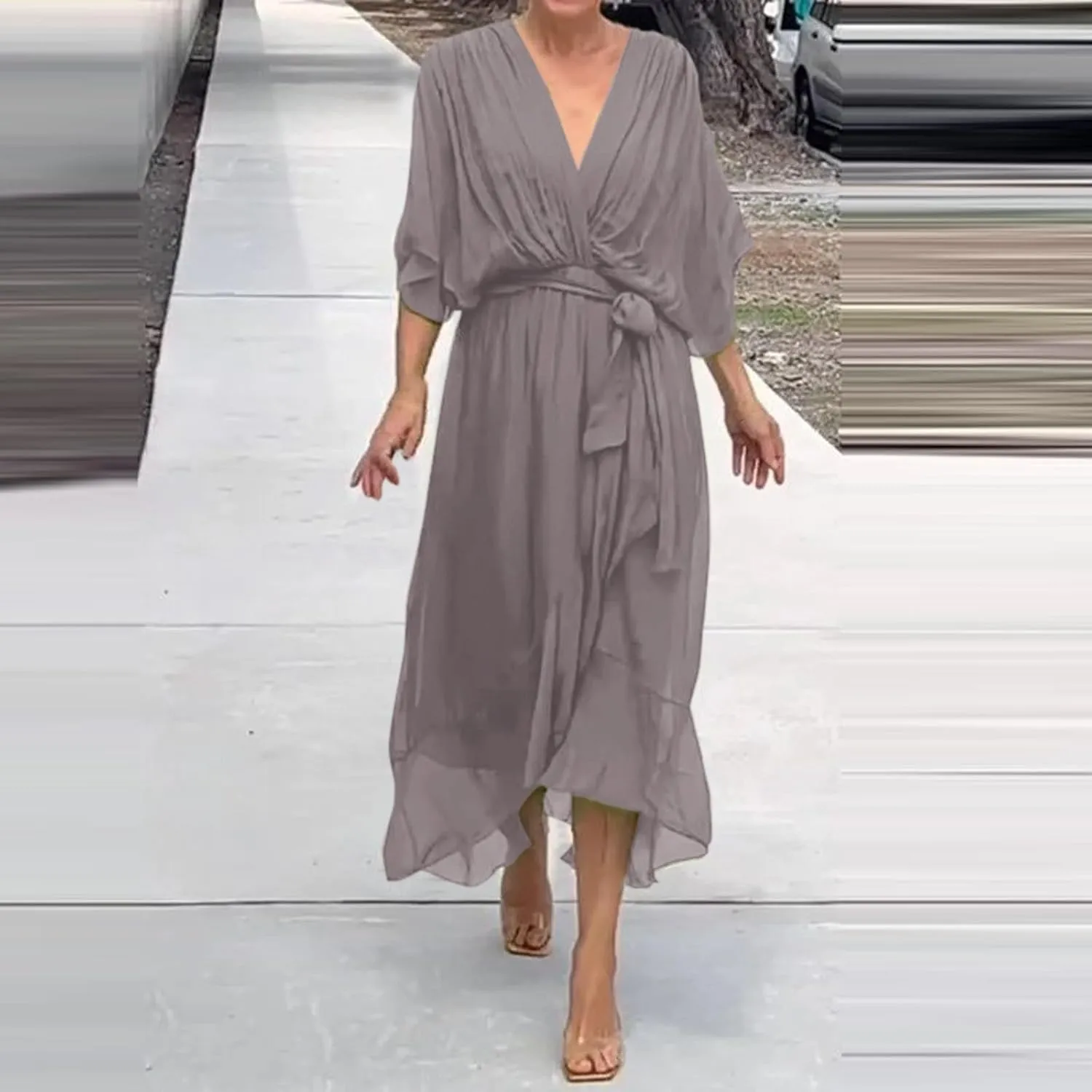 Women's Summer Dresses Casual Long Lantern Sleeve V Neck Ruffle High Waist Tie Waist Plus Size Dress for Women Casual