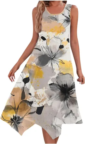 Womens Summer Dresses Casual Plus Size Sleeveless Crewneck Tank Sundress Flowy Print Hawaiian Trendy Graphic Boho Midi Dress