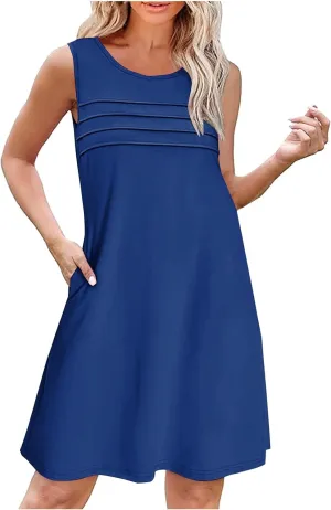 Womens Summer Dresses Casual Sleeveless Fashion Solid Color Dress Loose Fit Pleated Vacation Beach Sundress