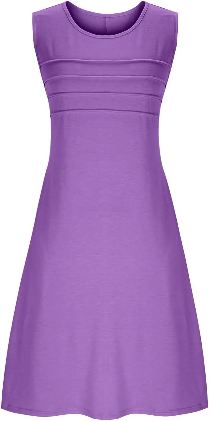 Womens Summer Dresses Casual Sleeveless Fashion Solid Color Dress Loose Fit Pleated Vacation Beach Sundress