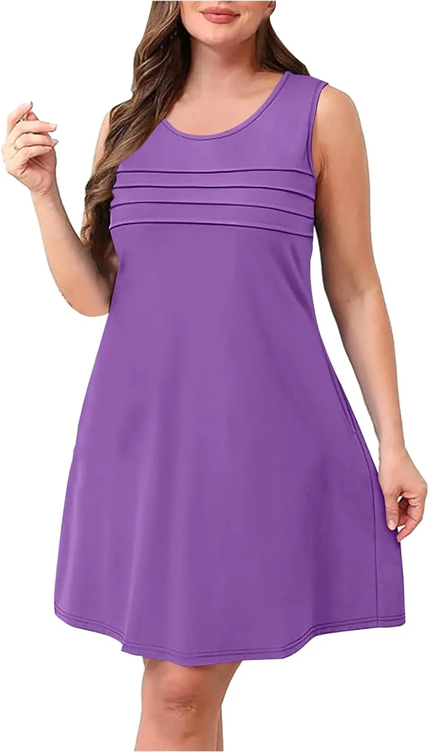 Womens Summer Dresses Casual Sleeveless Fashion Solid Color Dress Loose Fit Pleated Vacation Beach Sundress