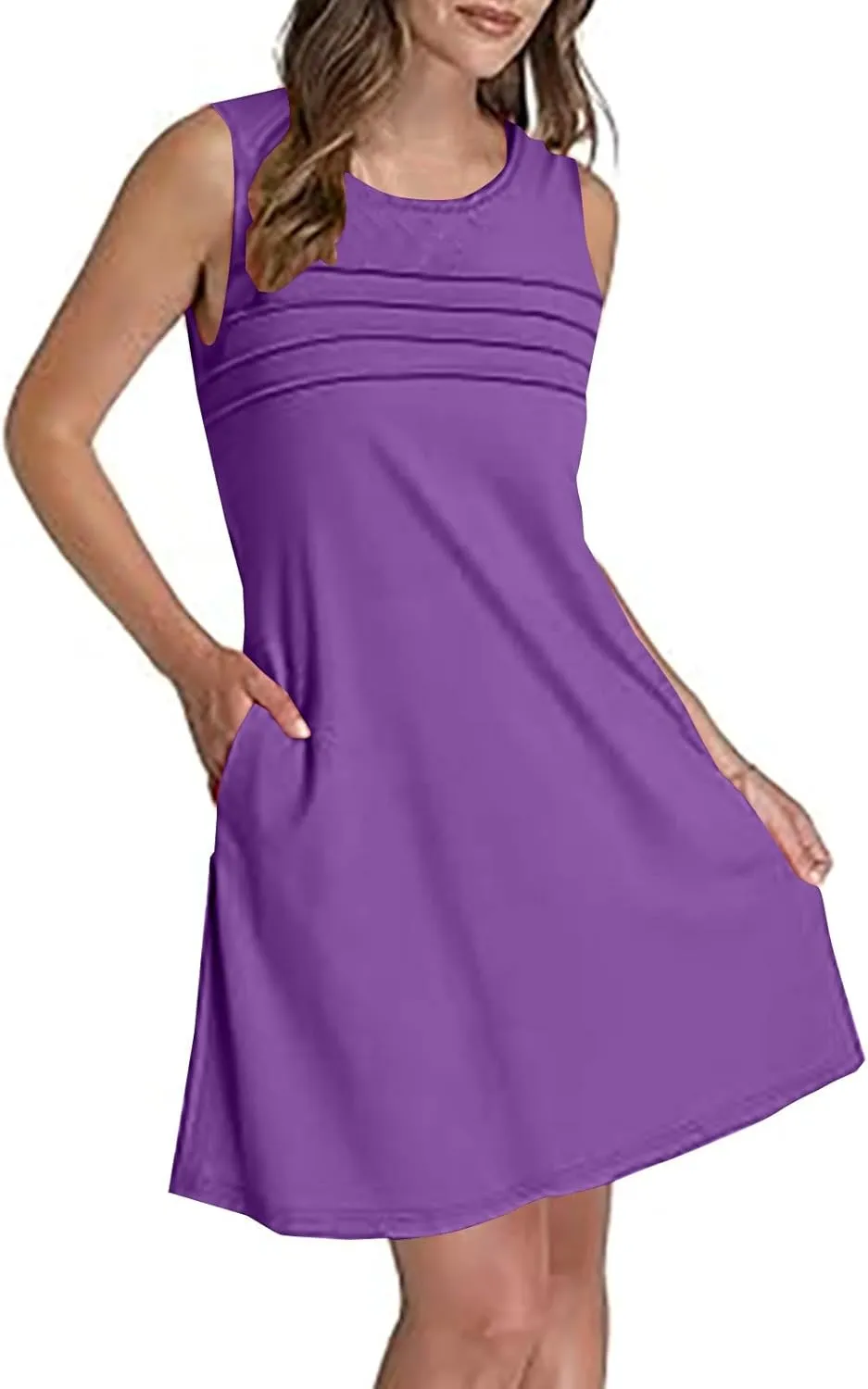 Womens Summer Dresses Casual Sleeveless Fashion Solid Color Dress Loose Fit Pleated Vacation Beach Sundress