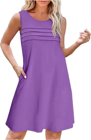 Womens Summer Dresses Casual Sleeveless Fashion Solid Color Dress Loose Fit Pleated Vacation Beach Sundress