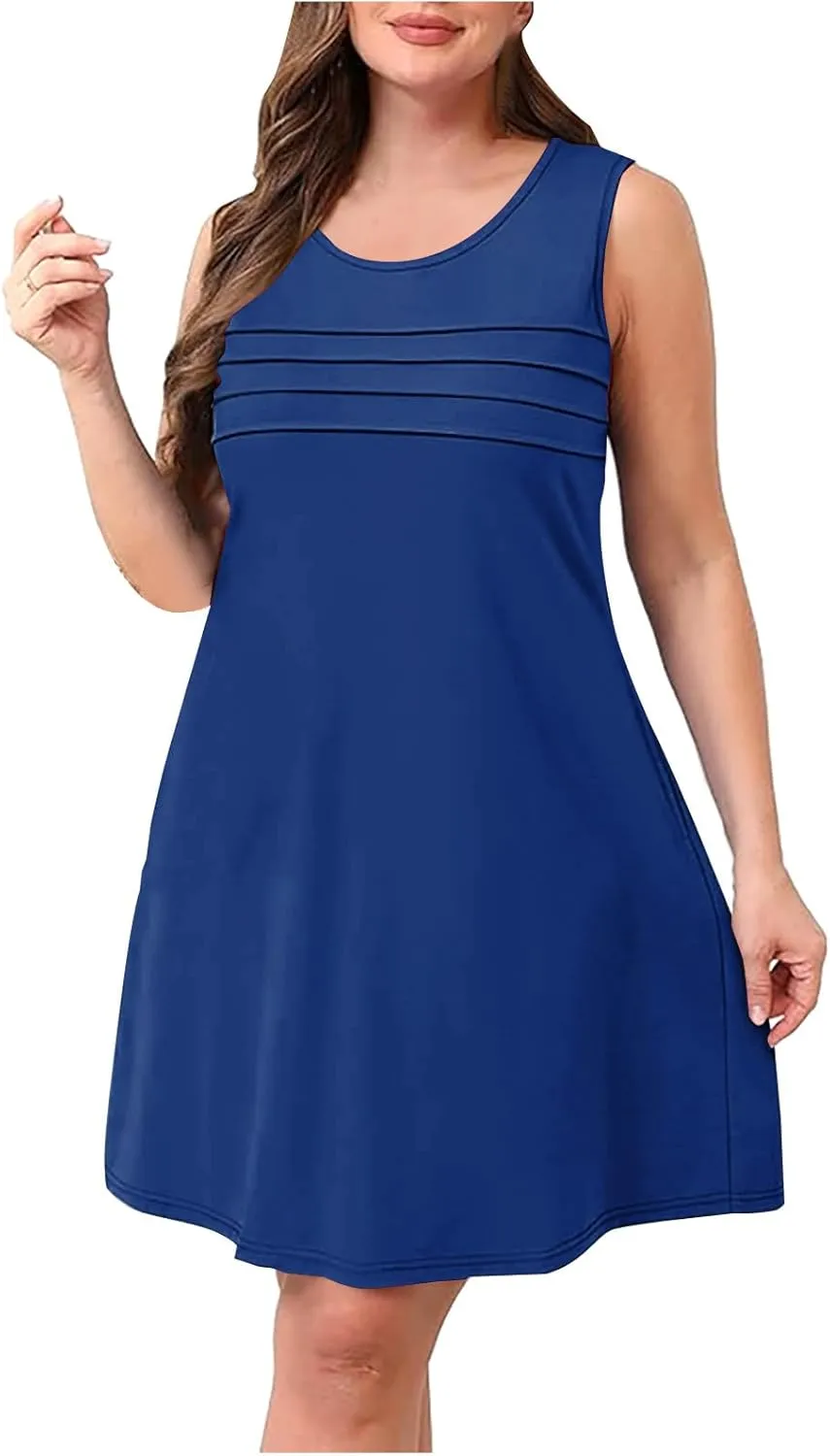 Womens Summer Dresses Casual Sleeveless Fashion Solid Color Dress Loose Fit Pleated Vacation Beach Sundress